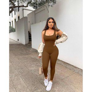 Women's Brown One Piece Square Neck Workout Seamless Jumpsuit